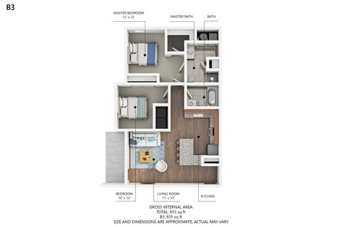 Floor plan for 2 beds, 2 baths, 855 sqft